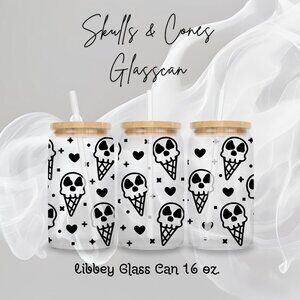Skulls and Ice Cream Glass Cup, 16oz Frosted Glass Can, Spooky Cute Cup